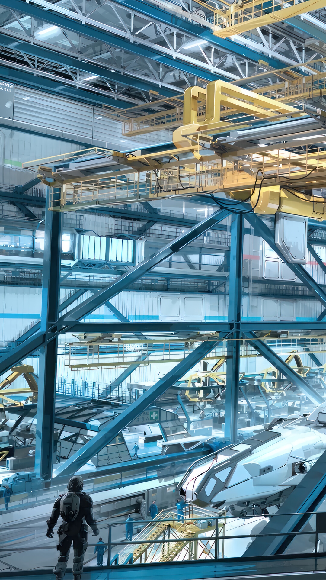 Starfield spaceship factory with workers and a spacewalker HD Phone Wallpaper