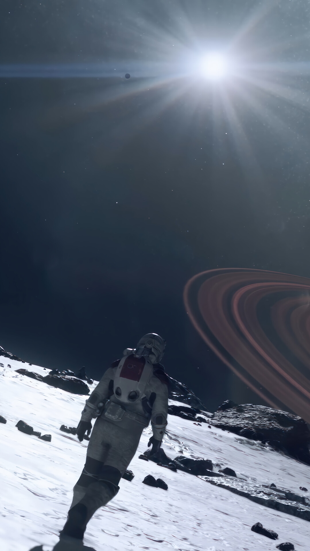 Starfield astronaut on a snowy planet with Saturn-like rings HD Phone Wallpaper