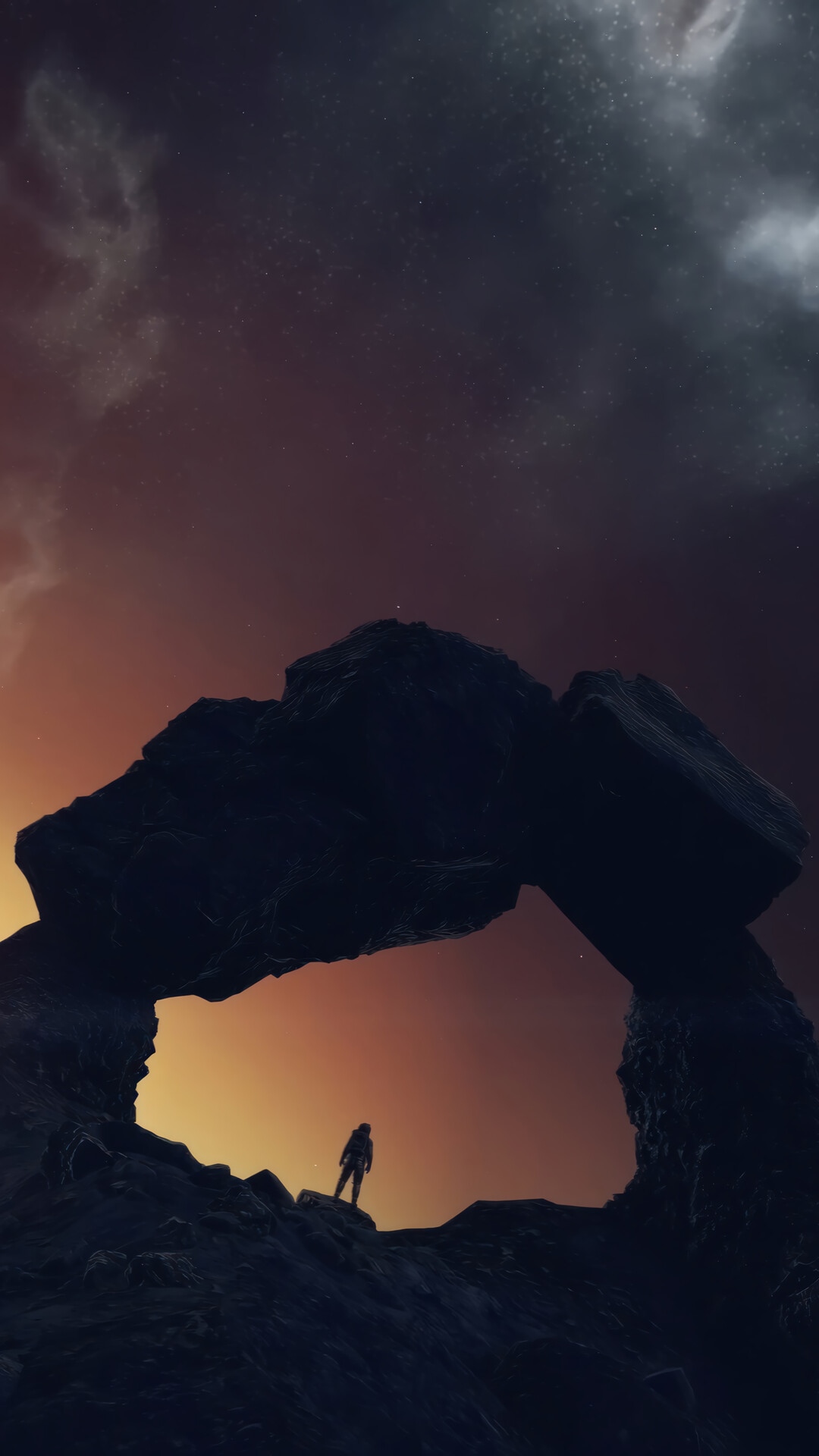 Starfield: A lone figure stands on a rocky outcrop under a starry sky. HD Phone Wallpaper