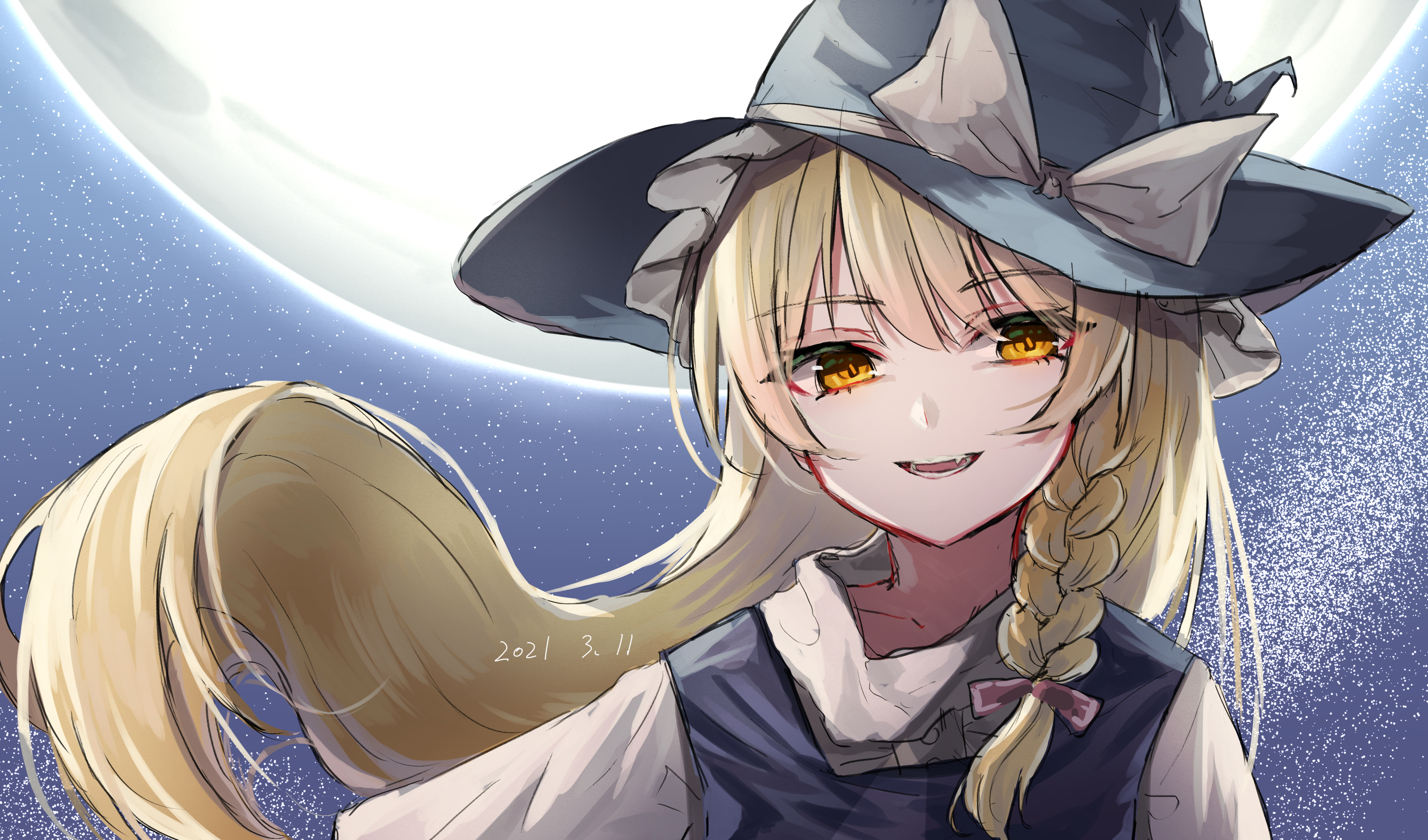 Marisa Kirisame from Touhou with a large moon HD Wallpaper
