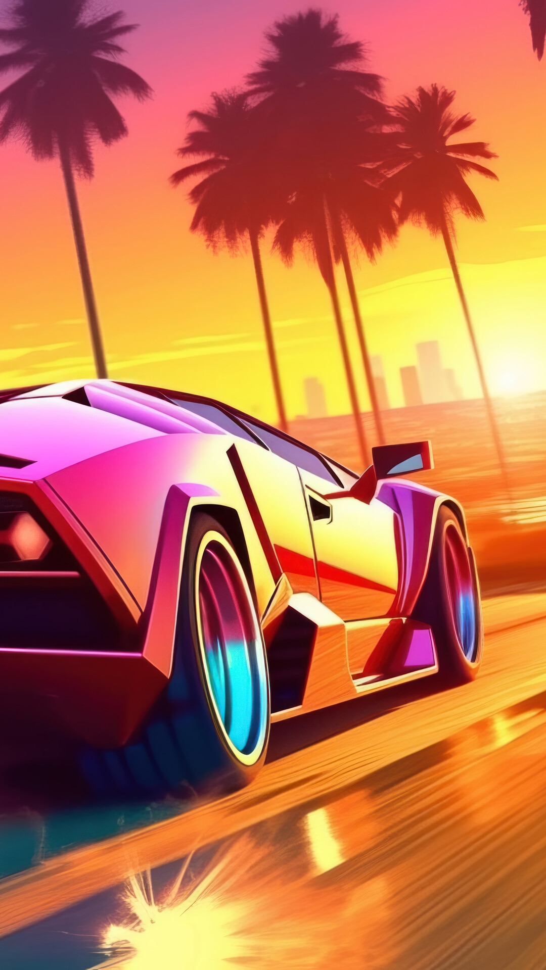 Pink Lamborghini driving on a beach at sunset HD Phone Wallpaper