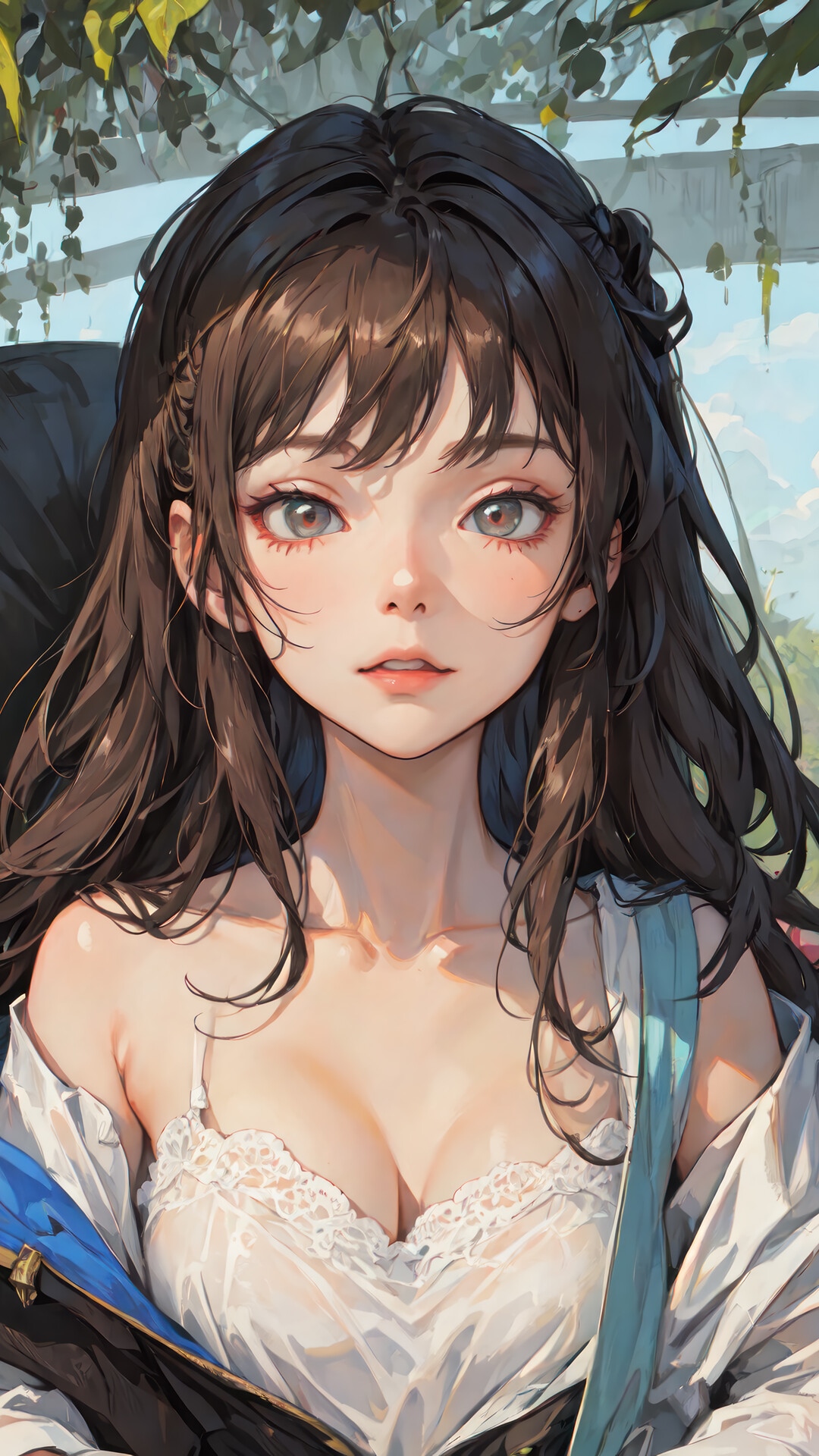 Anime girl with long brown hair in a garden HD Phone Wallpaper