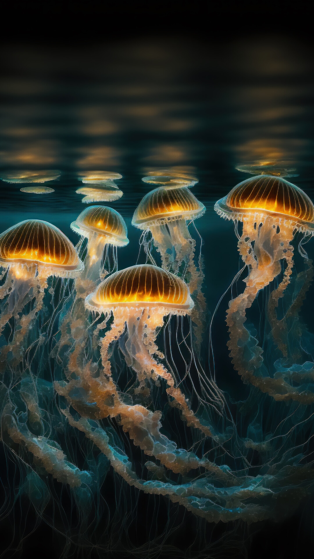 Digital art of glowing jellyfish underwater HD Phone Wallpaper