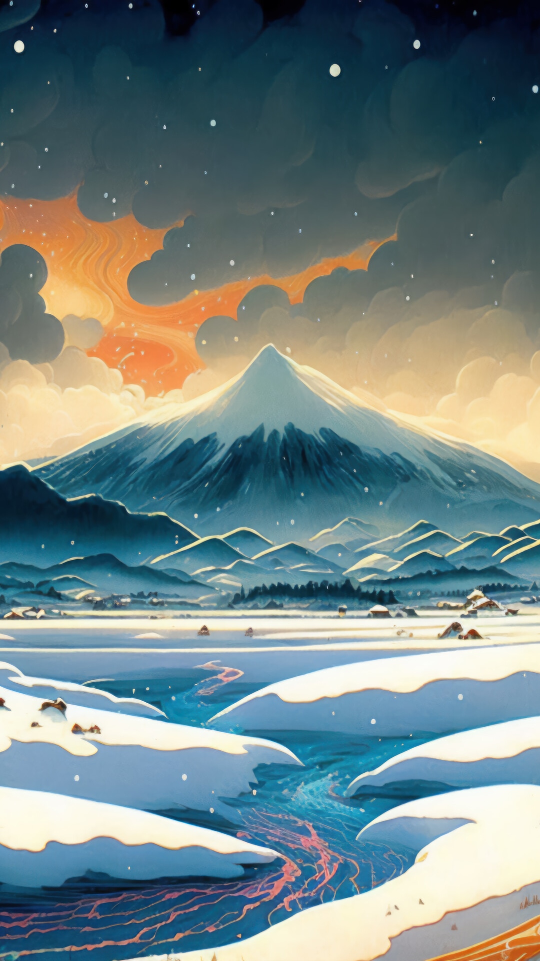 Digital art of a snowy mountain landscape with a river HD Phone Wallpaper