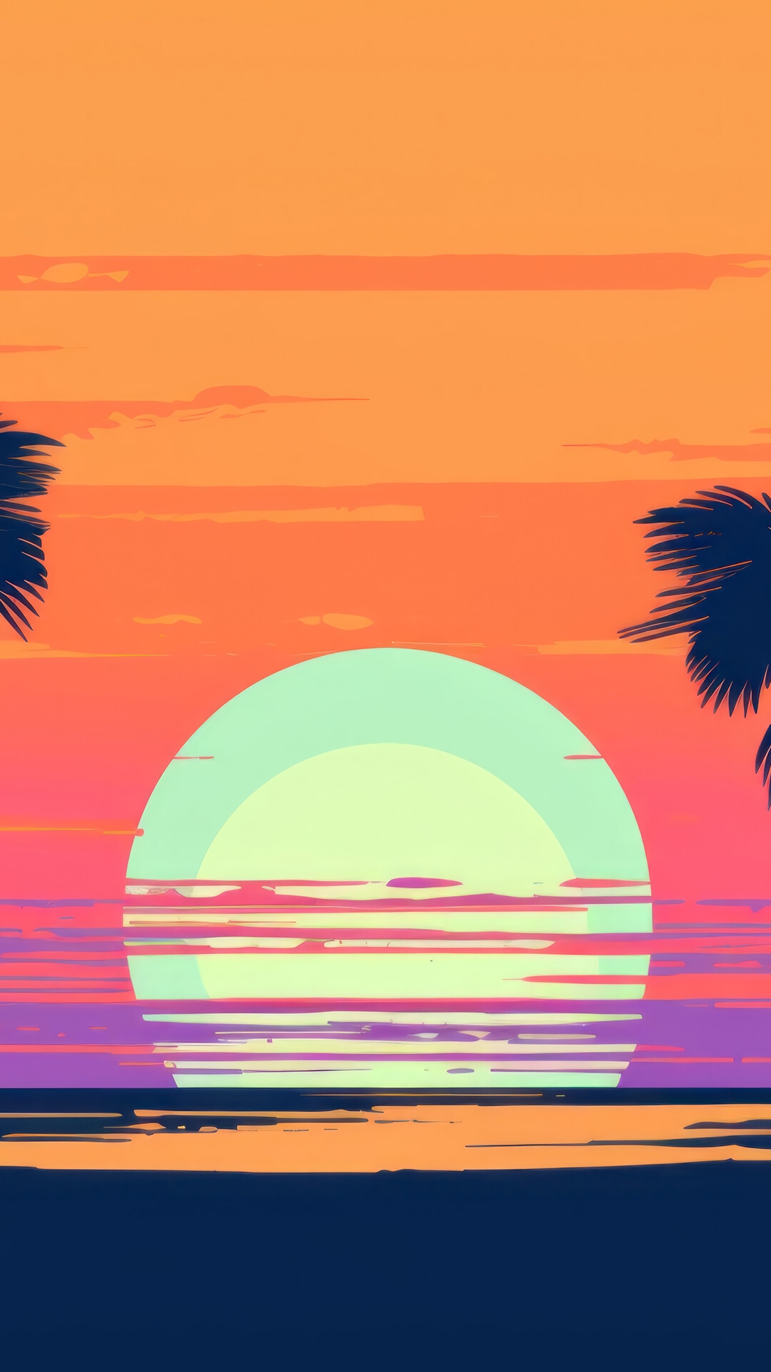 Minimalist sunset with palm tree silhouettes over the ocean HD Phone Wallpaper