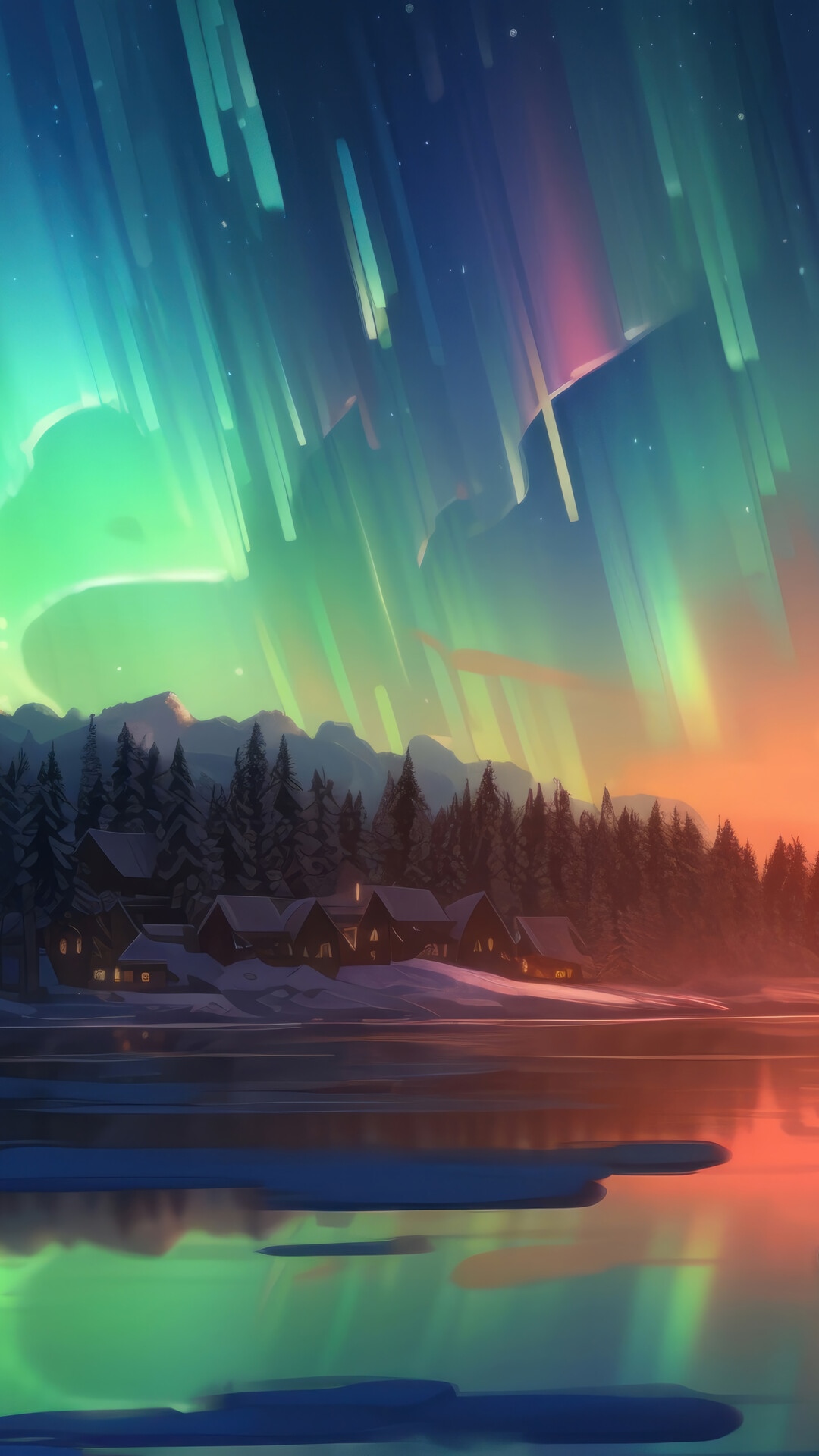 Northern Lights over a snowy village by a lake HD Phone Wallpaper