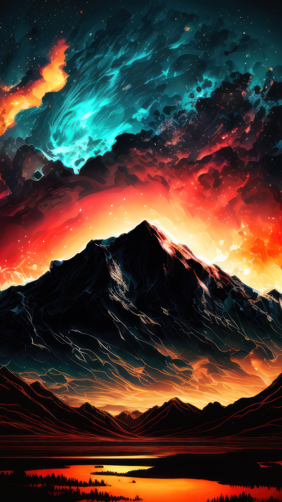 Burning Mountains Under a Cosmic Sky HD Phone Wallpaper