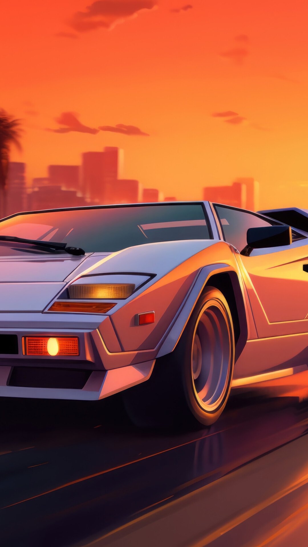 Lamborghini driving into a sunset city HD Phone Wallpaper
