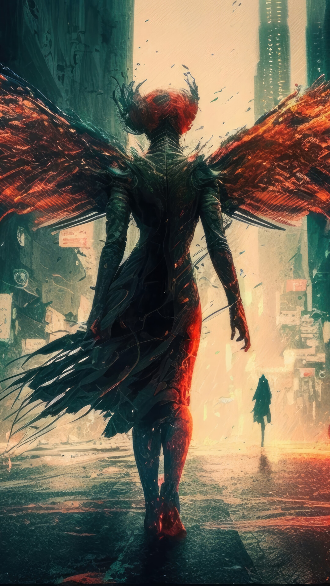 A demon with wings walks through a futuristic city HD Phone Wallpaper