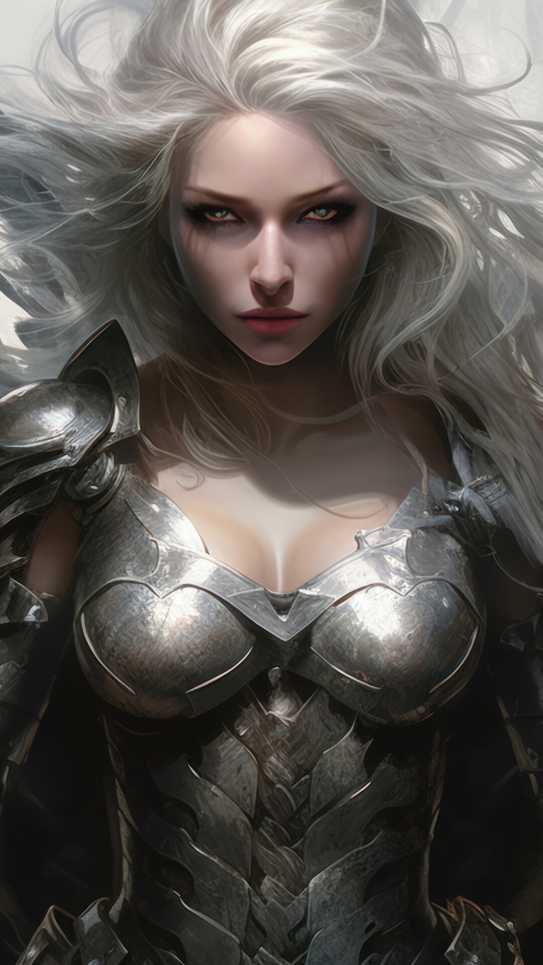 Fantasy Warrior Woman with White Hair and Armor HD Phone Wallpaper