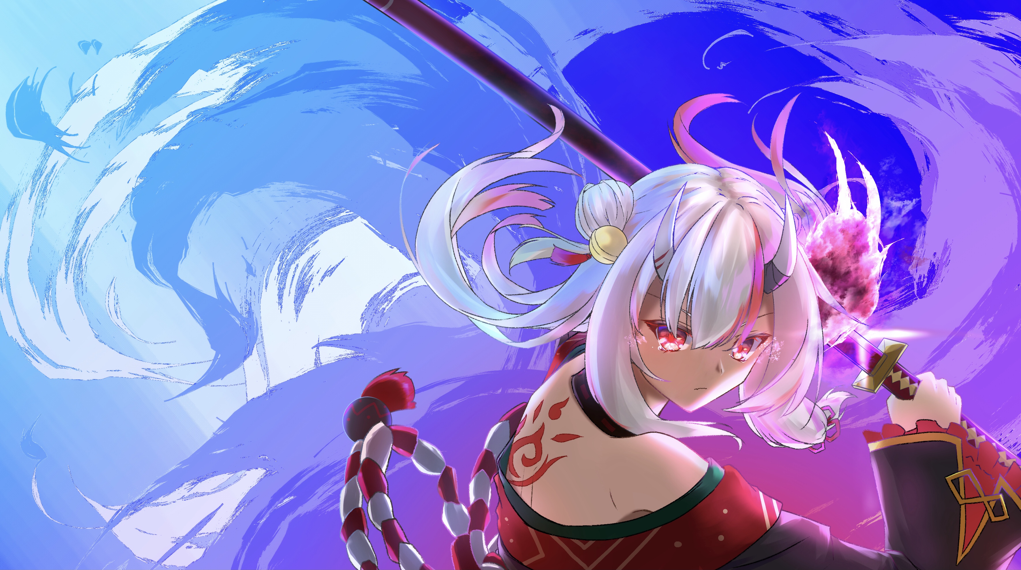 Nakiri Ayame with a sword and red and white rope HD Wallpaper