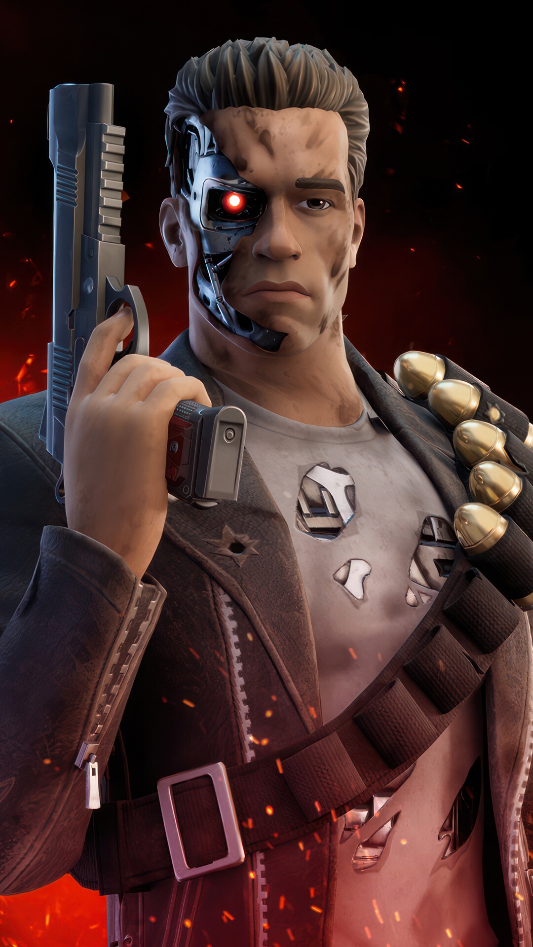 Fortnite Terminator with Gun and Ammo Belt HD Phone Wallpaper
