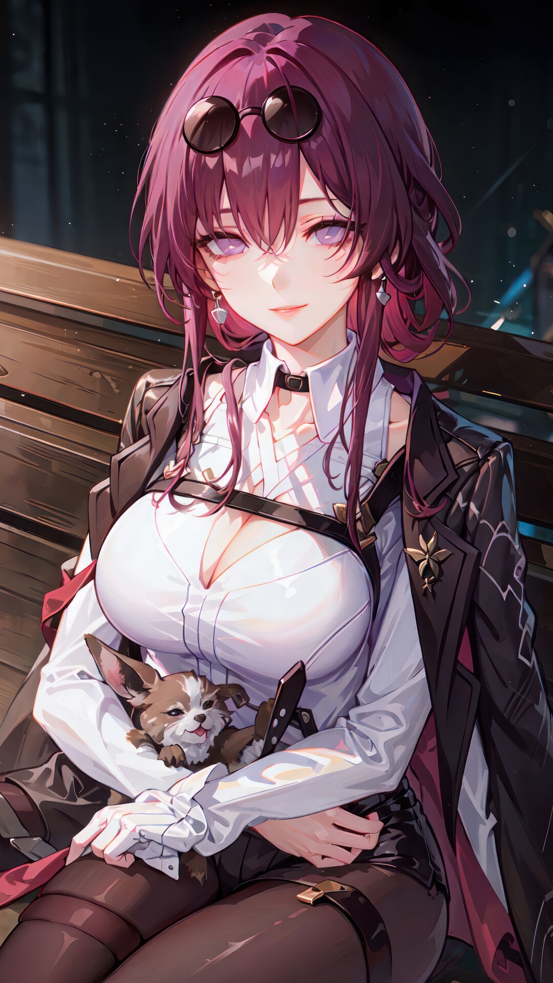 Kafka from Honkai: Star Rail holding a small dog HD Phone Wallpaper