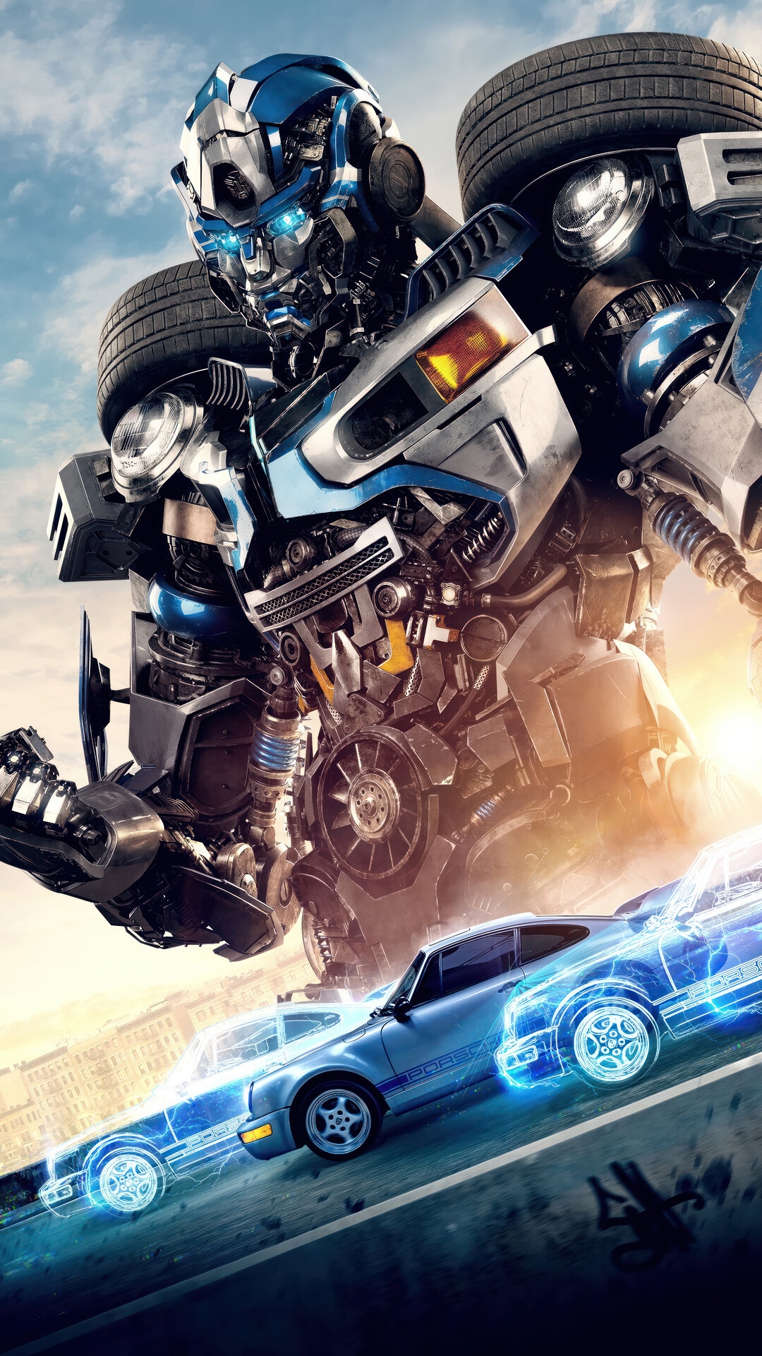 Mirage and Porsche cars in Transformers: Rise of the Beasts HD Phone Wallpaper
