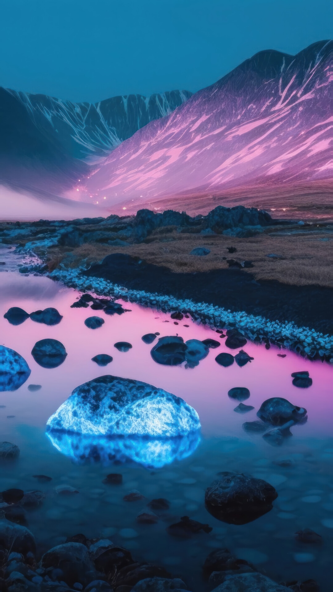 Mountains and river with glowing rocks HD Phone Wallpaper