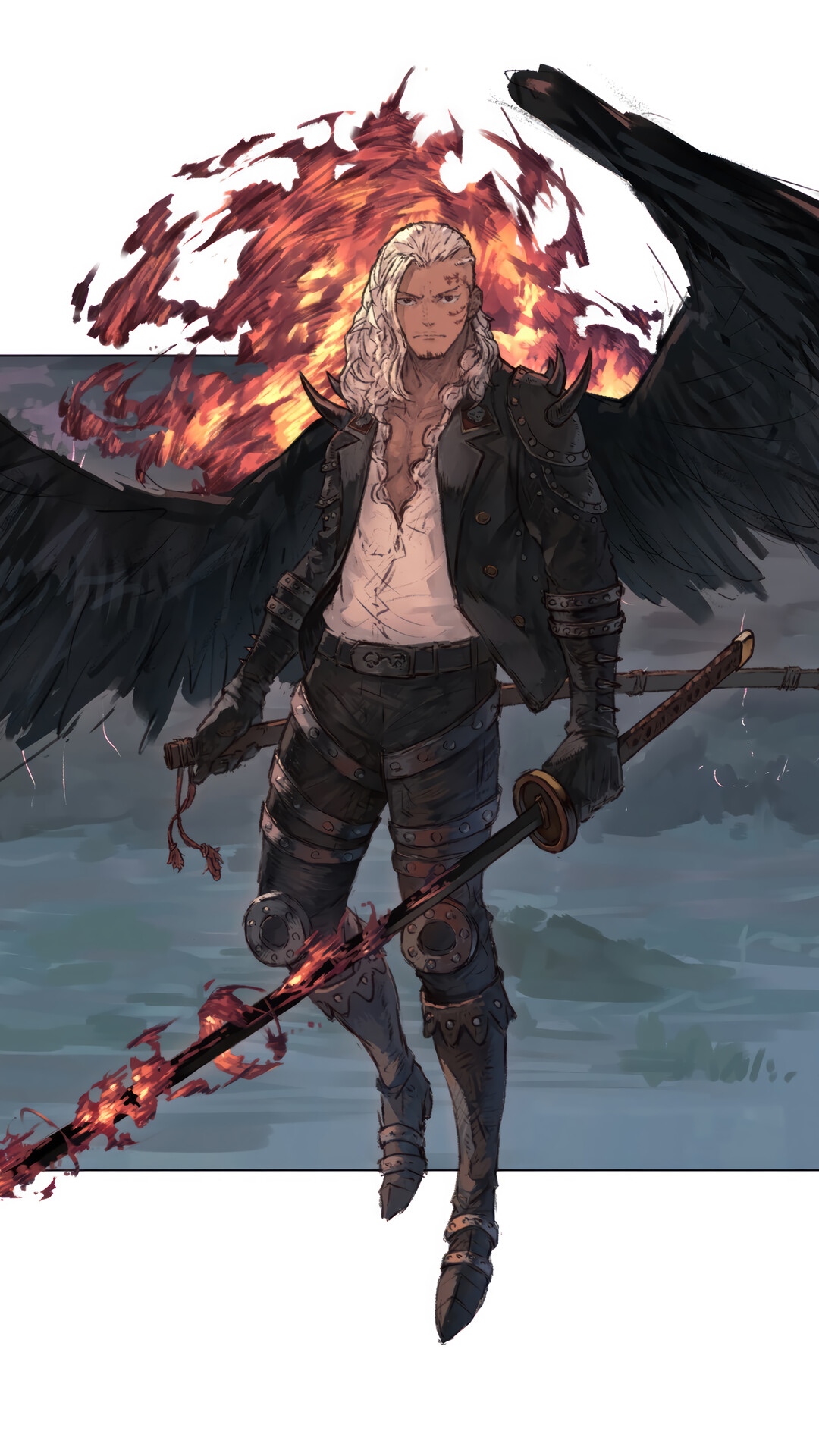 Anime character with black wings and fiery sword HD Phone Wallpaper