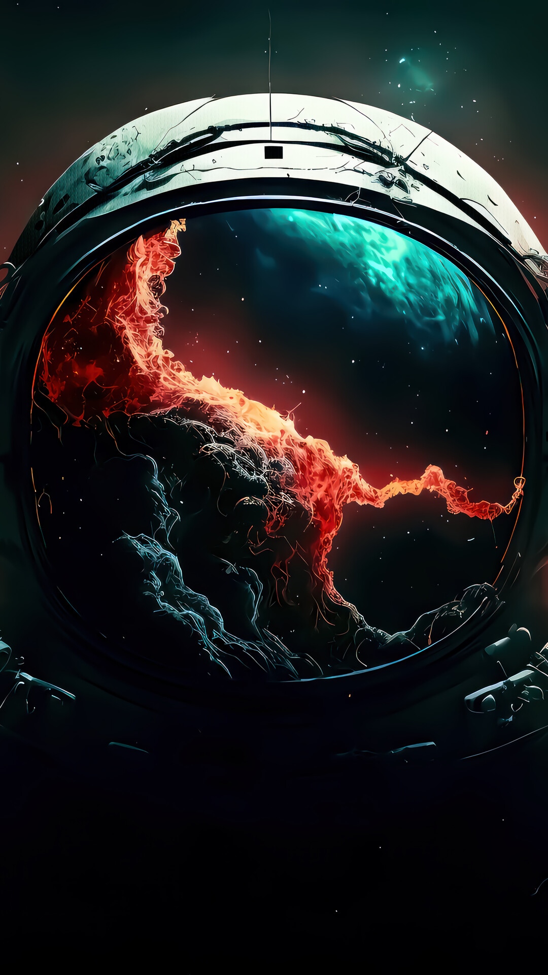 Astronaut helmet reflecting a colorful nebula HD Phone Wallpaper