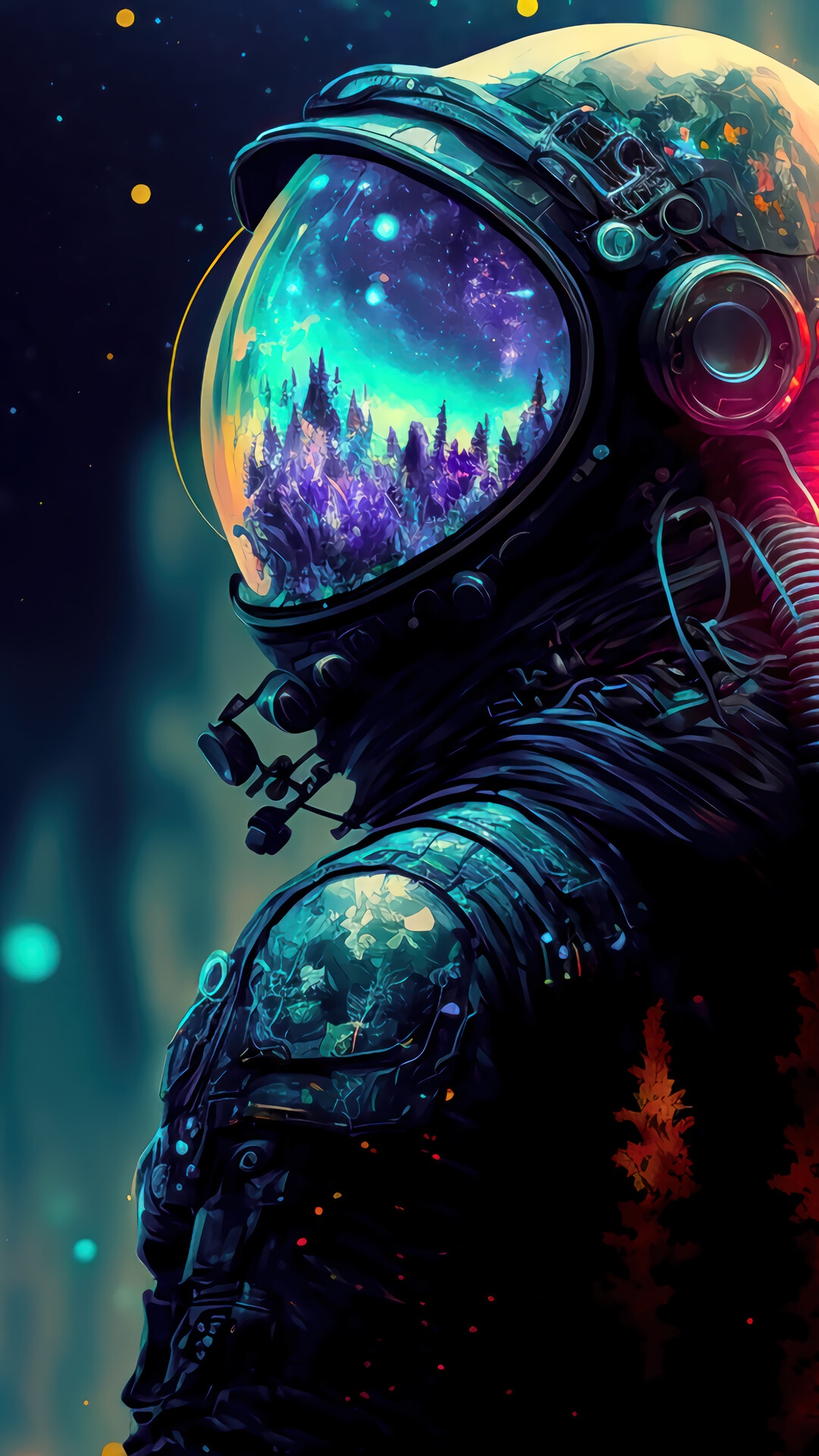 Astronaut helmet reflecting a cosmic forest HD Phone Wallpaper