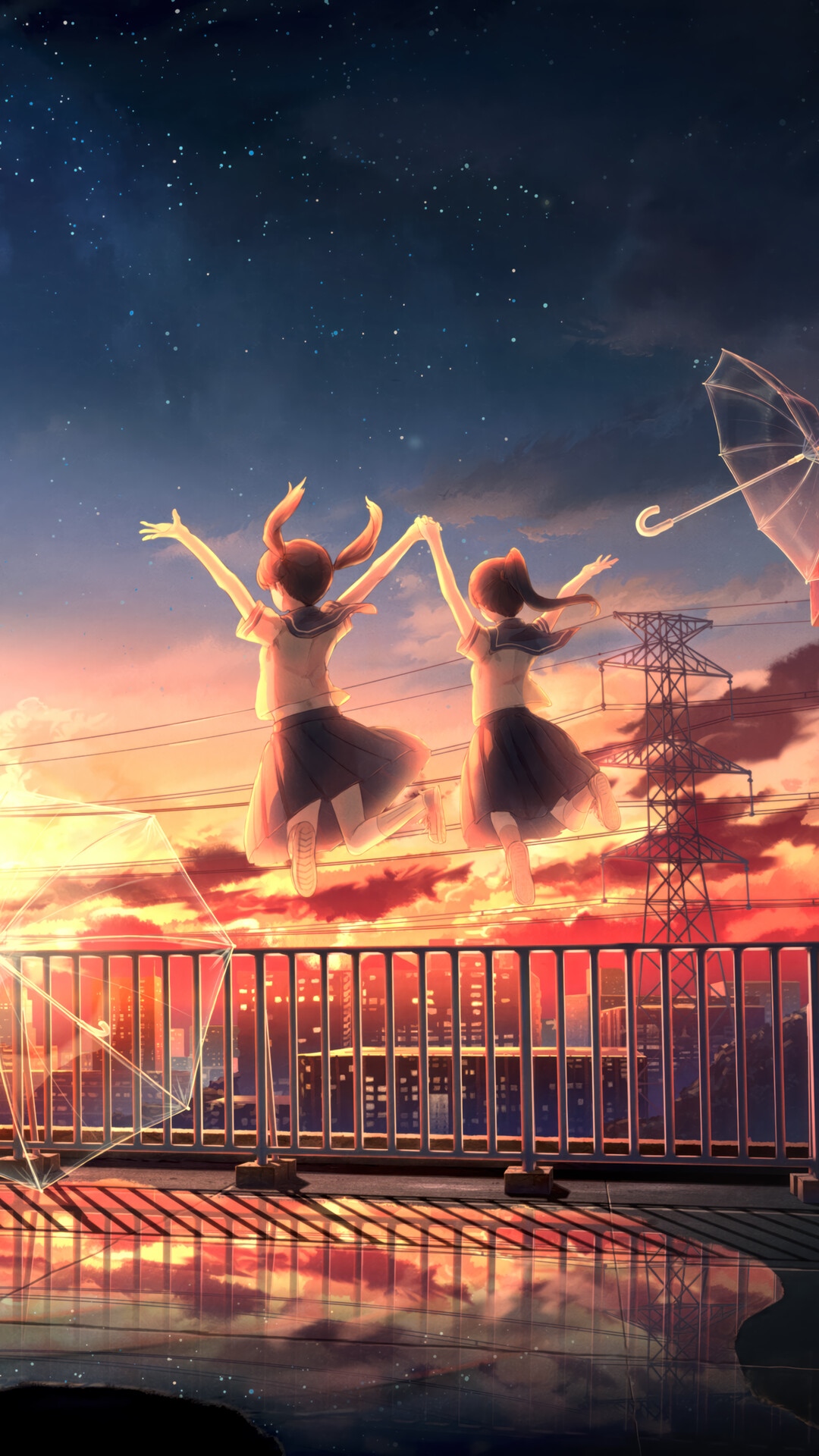 Anime girls jumping on a rooftop at sunrise HD Phone Wallpaper