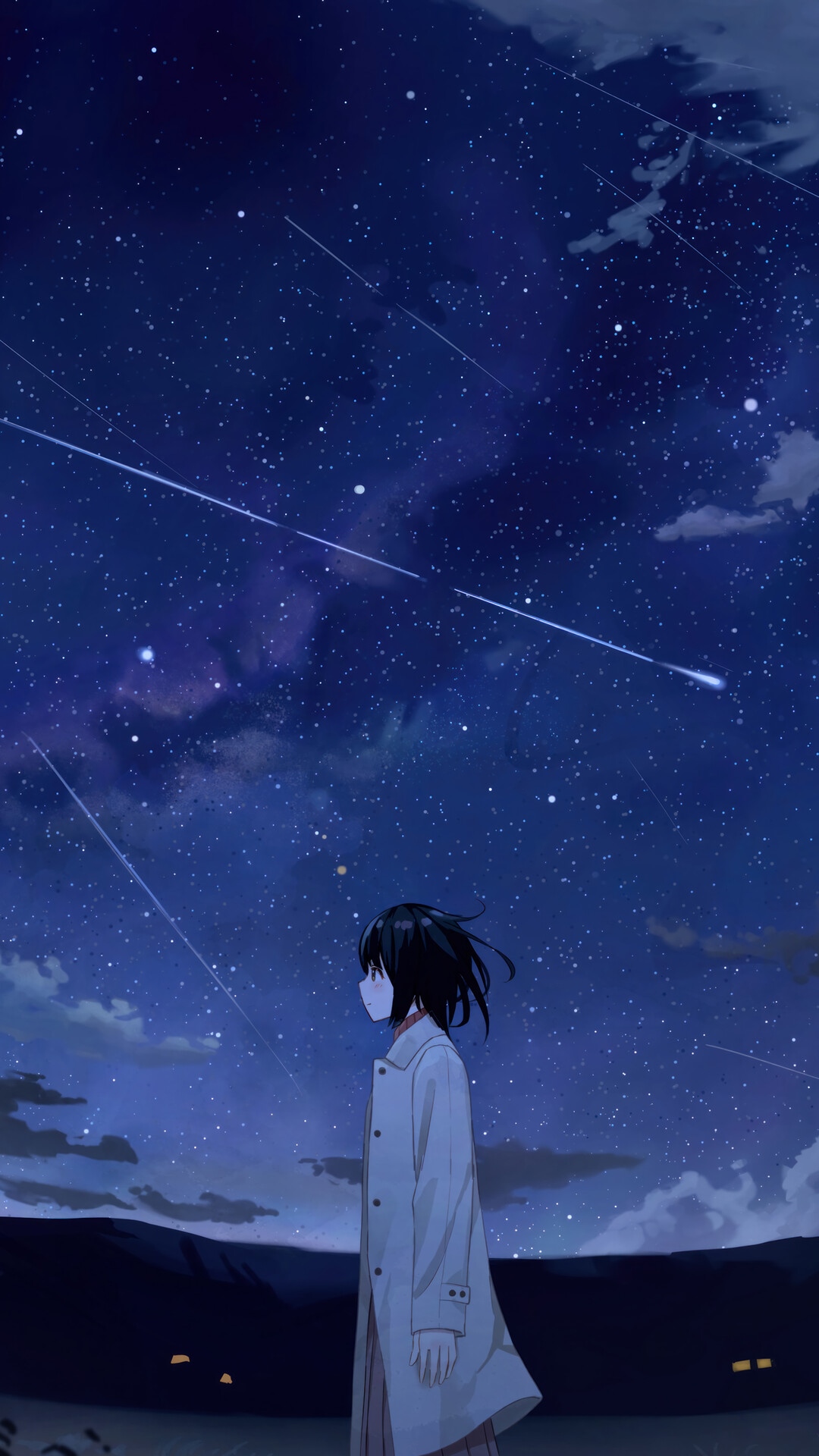 Anime girl looking at shooting stars in the night sky HD Phone Wallpaper