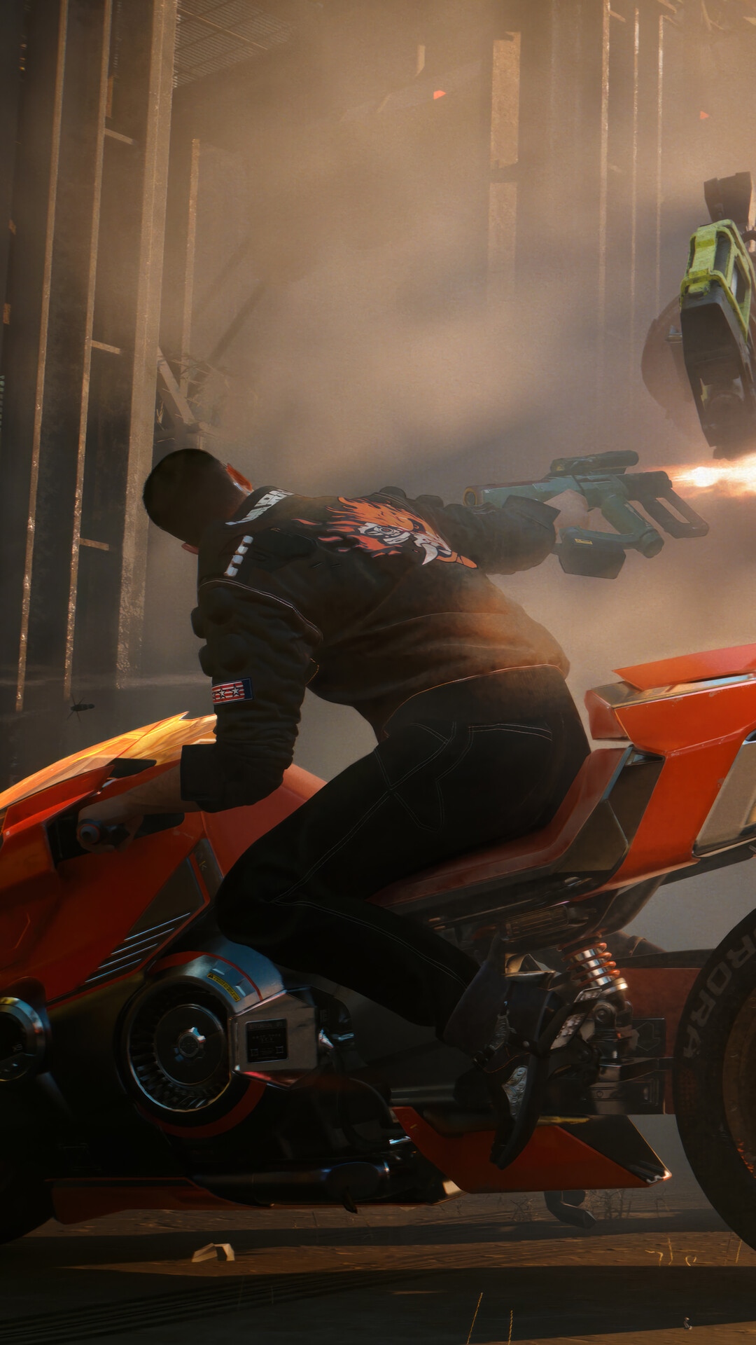 Cyberpunk 2077: Man on a motorcycle firing a gun HD Phone Wallpaper