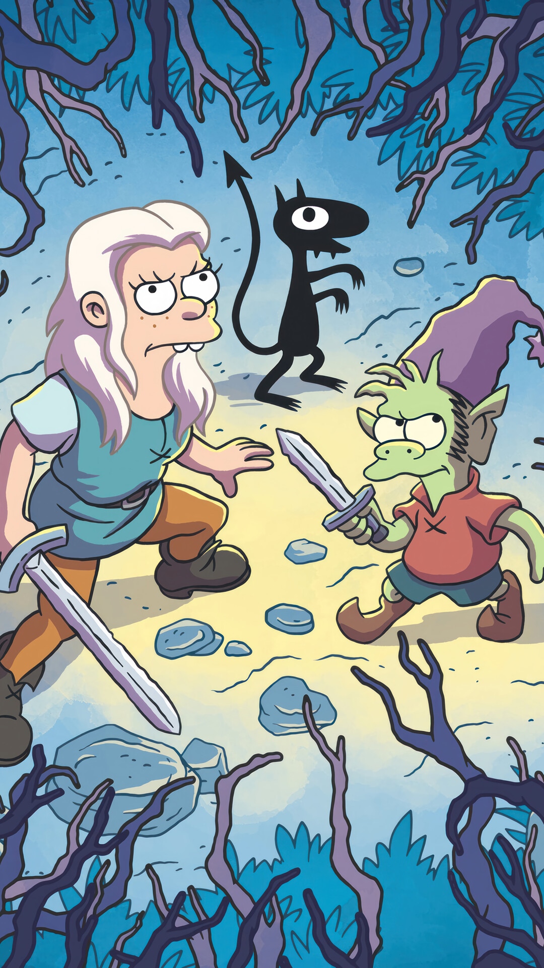 Disenchantment: Luci, Bean, and Elfo with Swords HD Phone Wallpaper