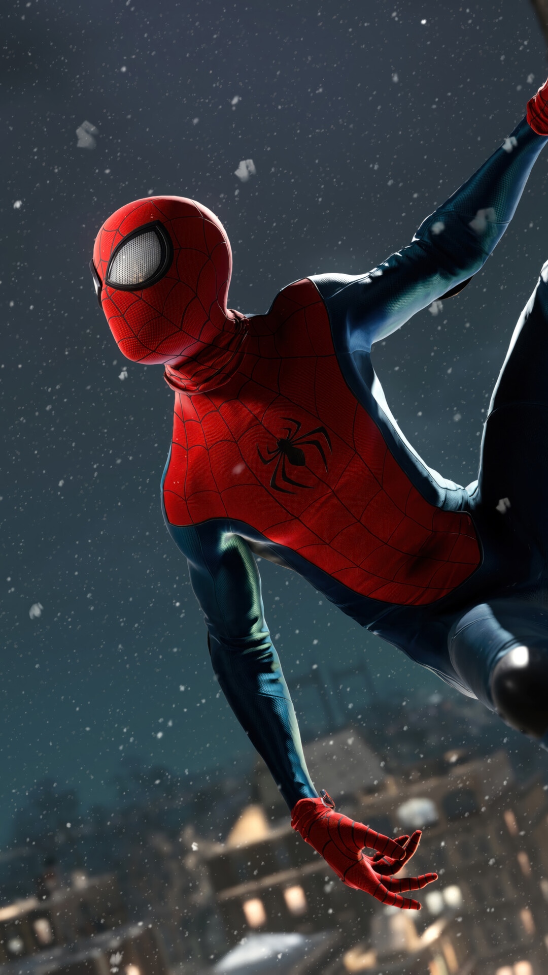 Marvel's Spider-Man swinging through a snowy city HD Phone Wallpaper