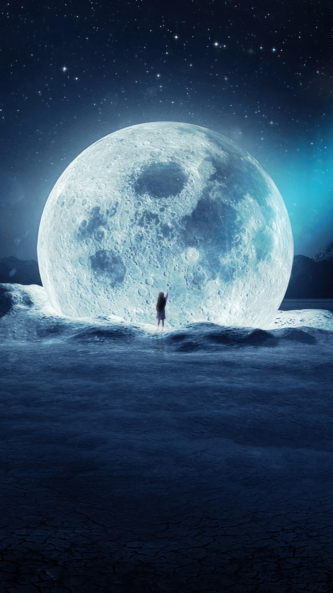 A girl reaches for the giant moon in the night sky HD Phone Wallpaper
