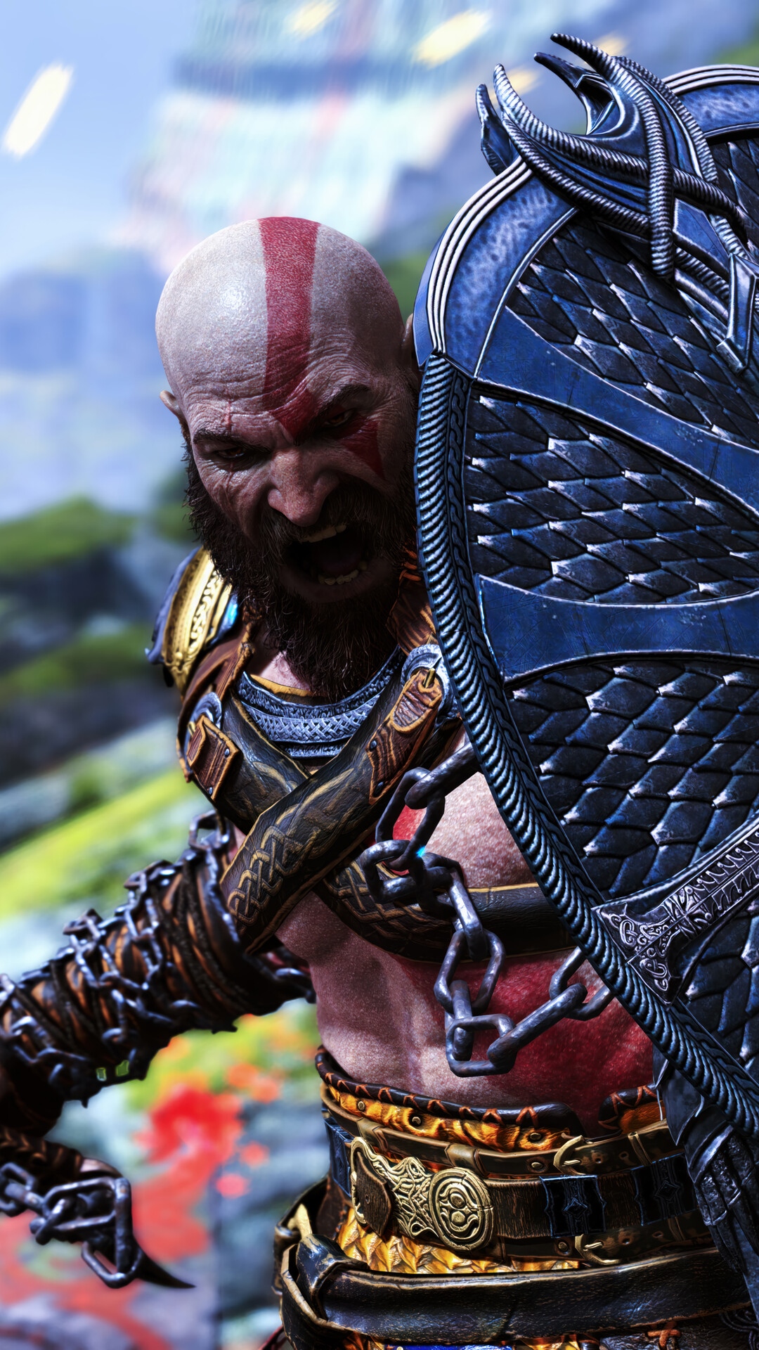 Kratos with Shield in God of War Ragnarok HD Phone Wallpaper