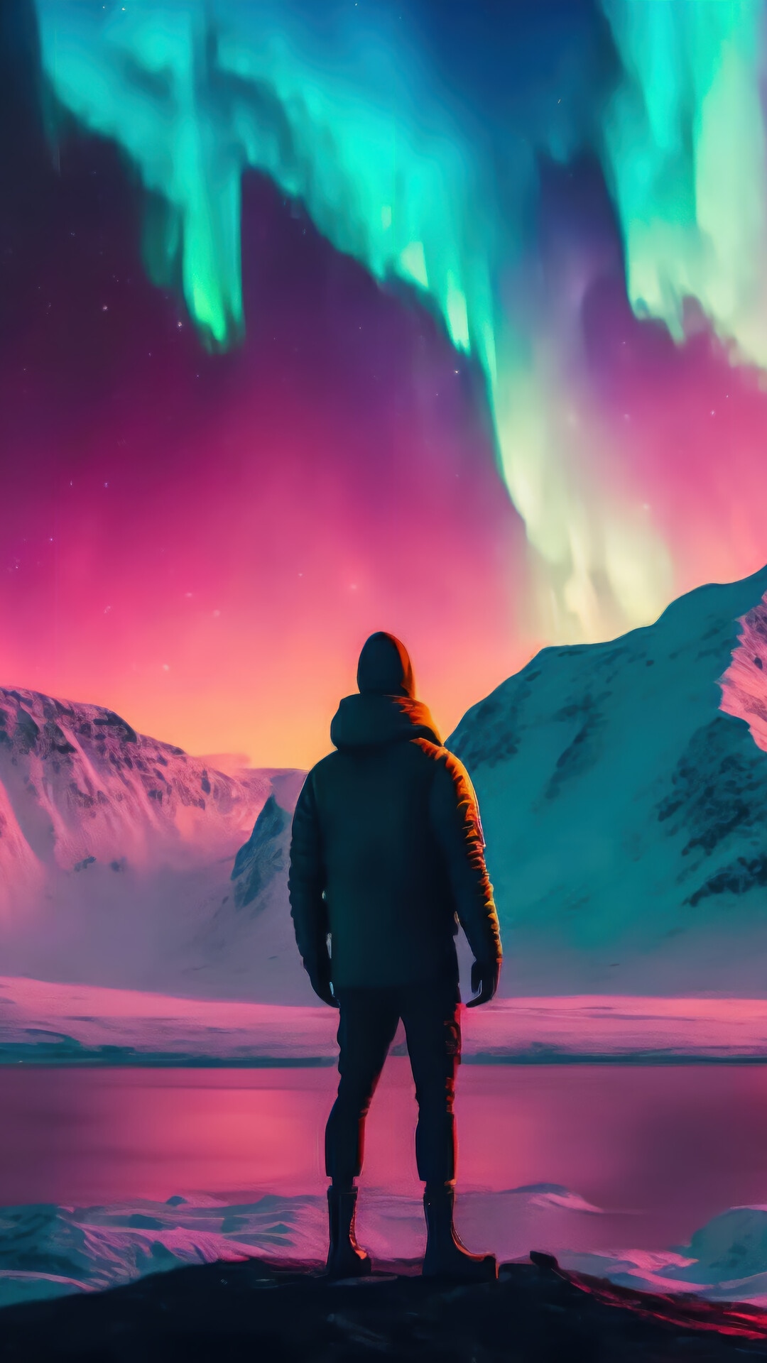 Man watching the Aurora Borealis over snowy mountains HD Phone Wallpaper