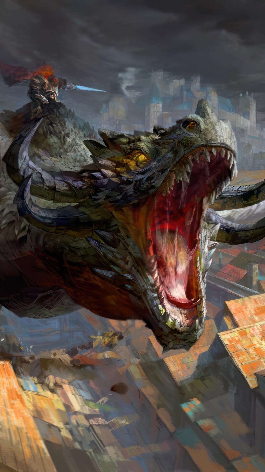 Dragon attacking a city with a warrior on its back HD Phone Wallpaper