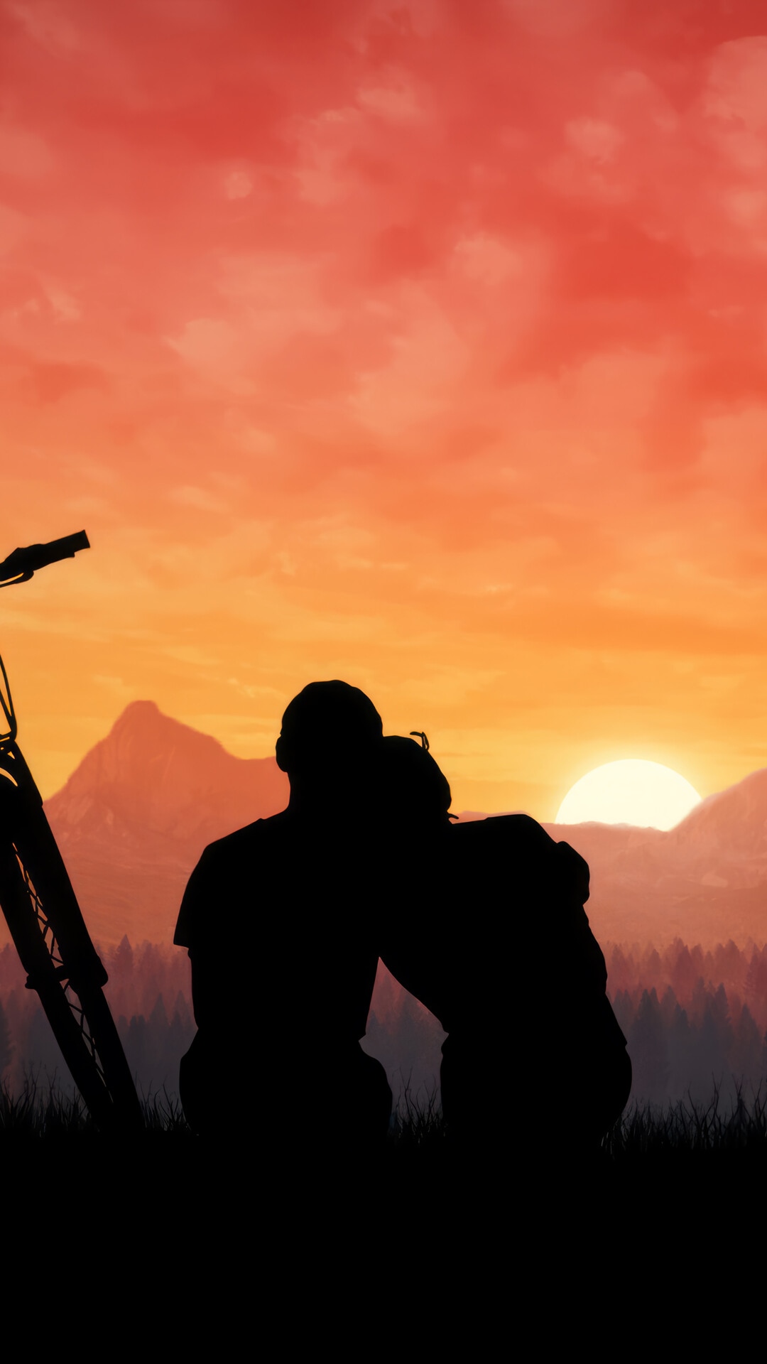 Couple silhouetted against a vibrant sunset with mountains HD Phone Wallpaper