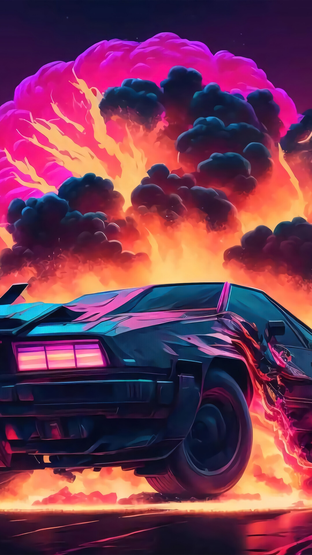 Sports car in a fiery explosion HD Phone Wallpaper