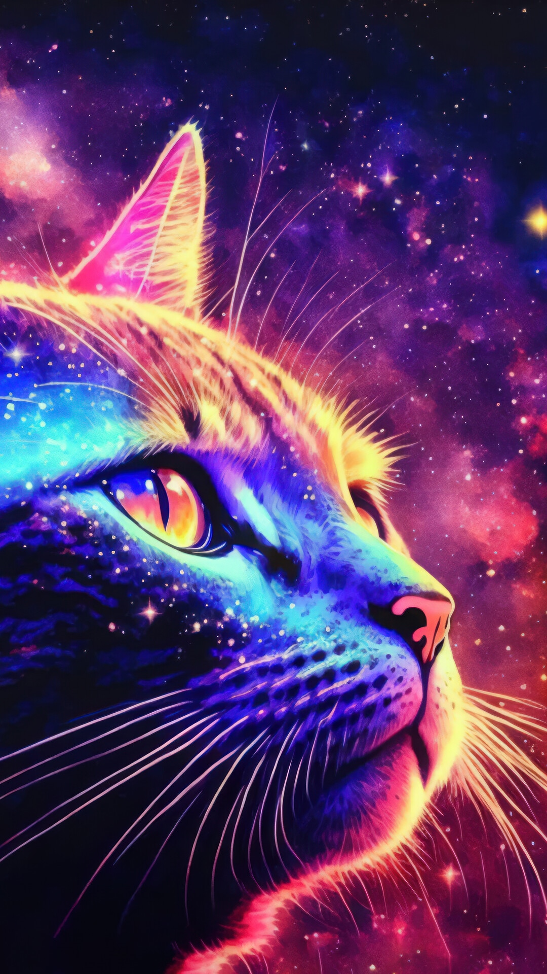 Cosmic Cat with Galaxy Background HD Phone Wallpaper