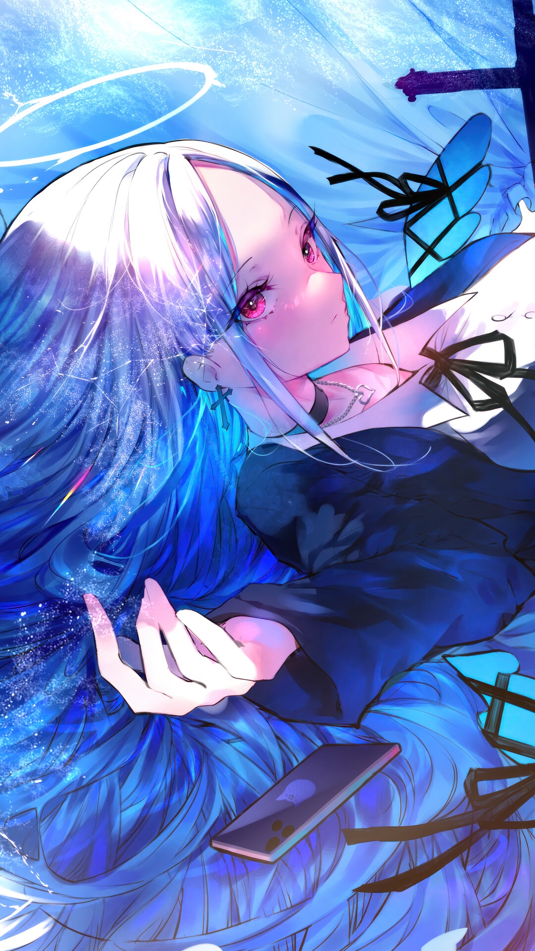 Anime girl with blue hair and halo HD Phone Wallpaper