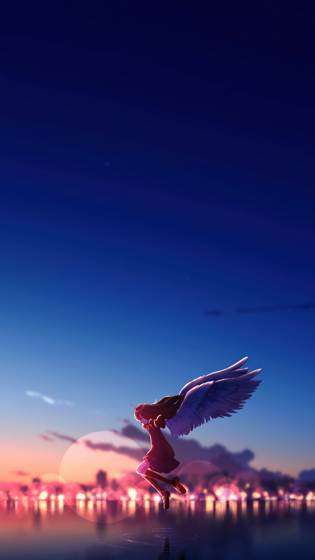 Anime girl with wings flying over a city at sunset HD Phone Wallpaper