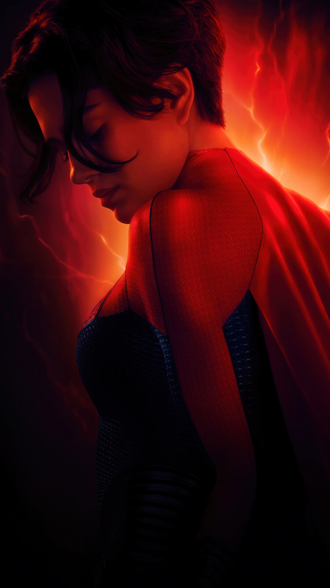 Supergirl in a red and black costume HD Phone Wallpaper