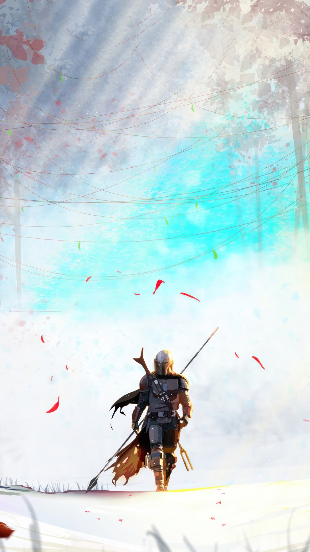 The Mandalorian Walking Through a Snowy Landscape HD Phone Wallpaper