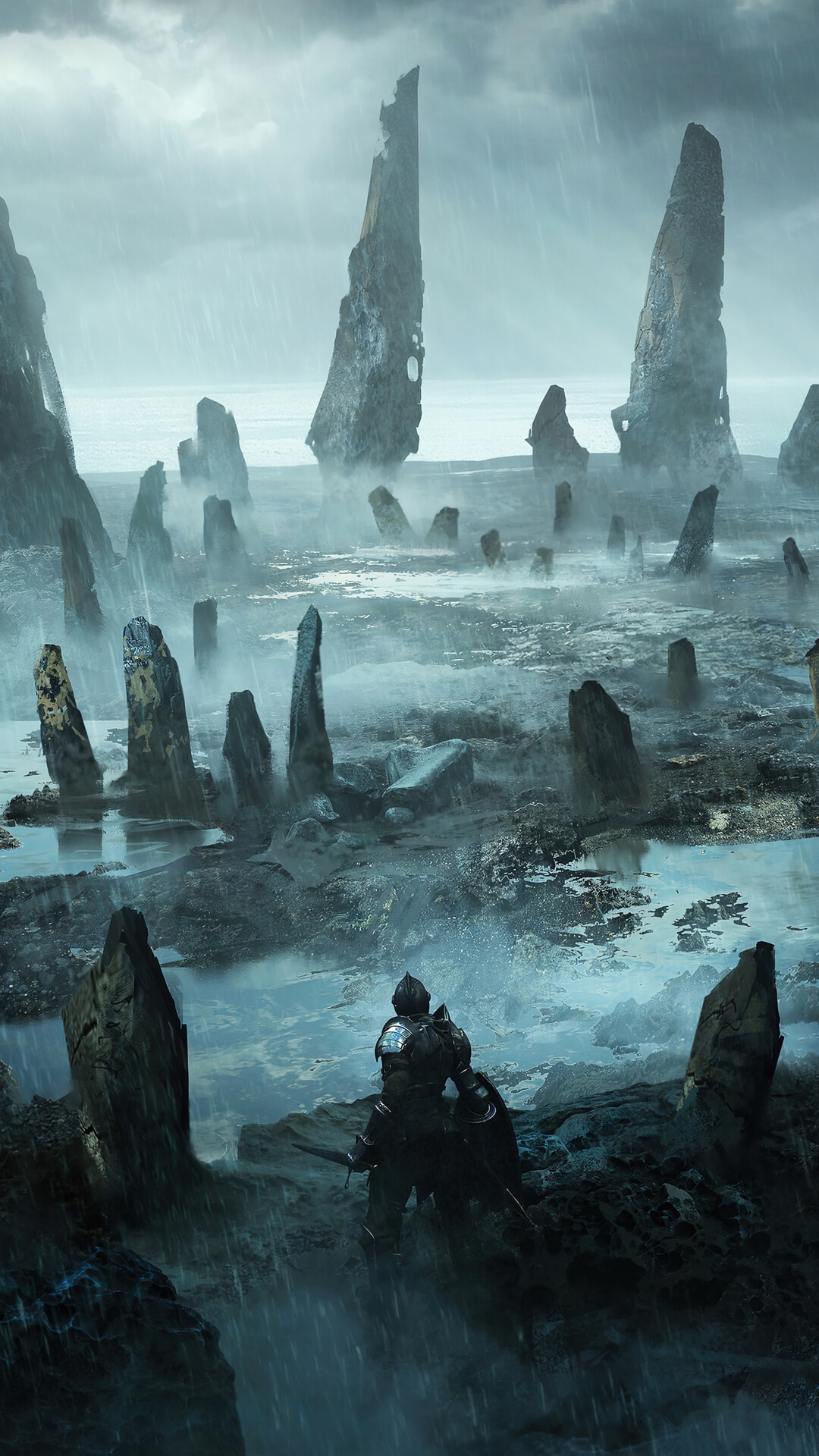 Demons Souls Knight in a Rocky, Rainy Landscape HD Phone Wallpaper