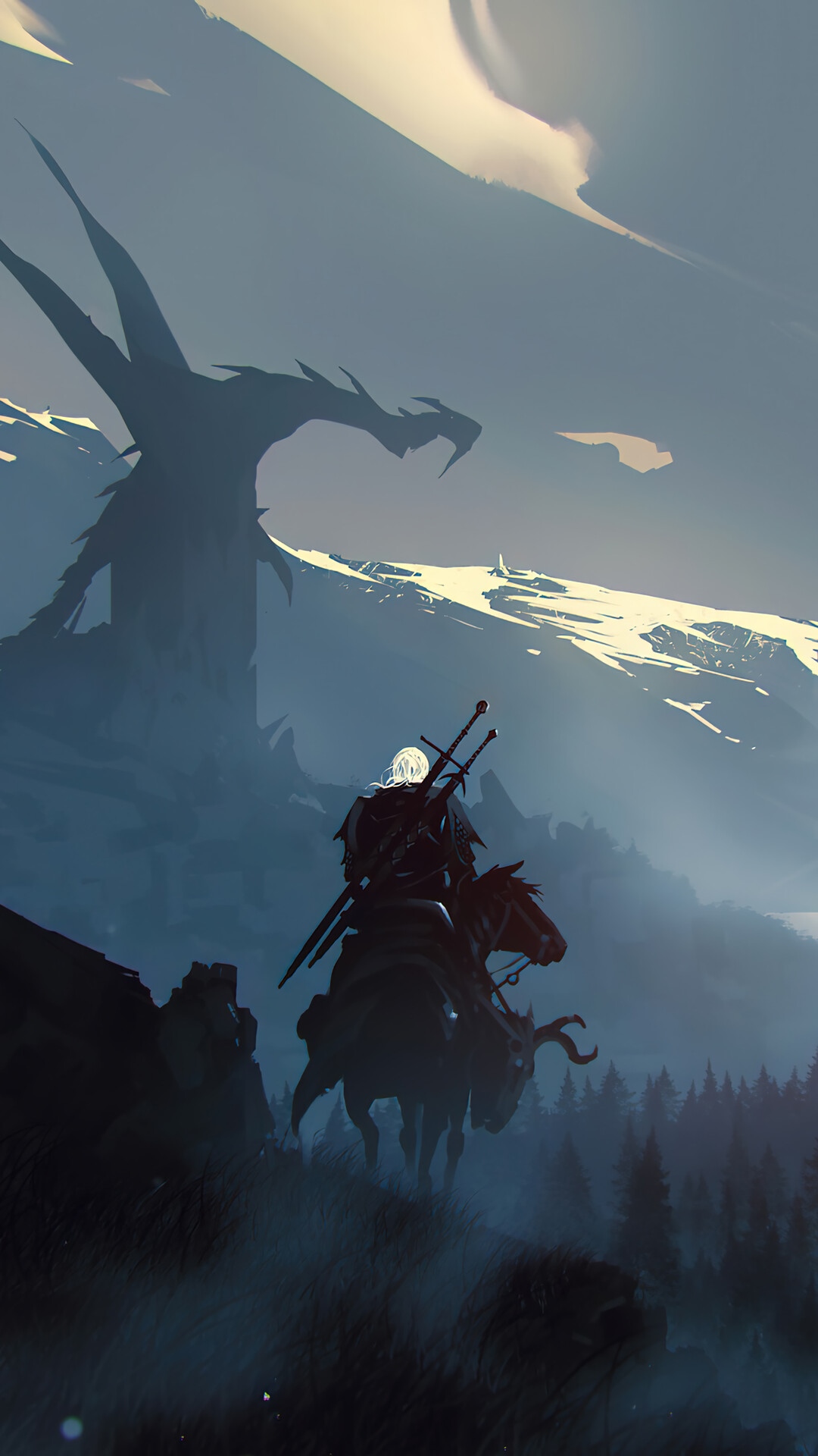 The Witcher Geralt on horseback facing a dragon HD Phone Wallpaper
