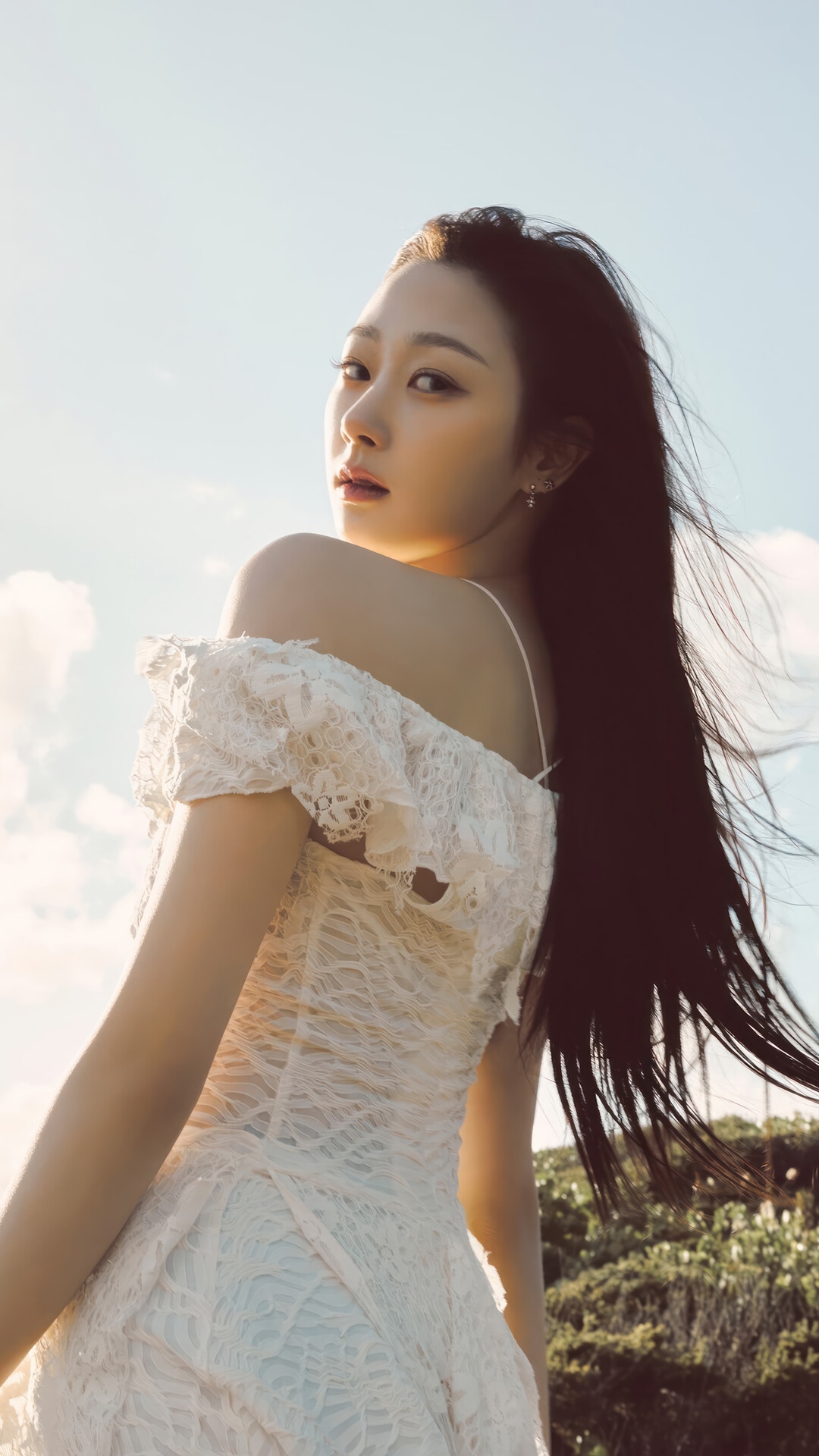 Giselle from Aespa in a white dress outdoors HD Phone Wallpaper