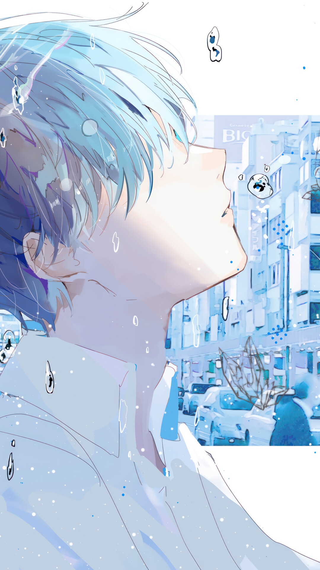 Anime boy looking up in the rain HD Phone Wallpaper