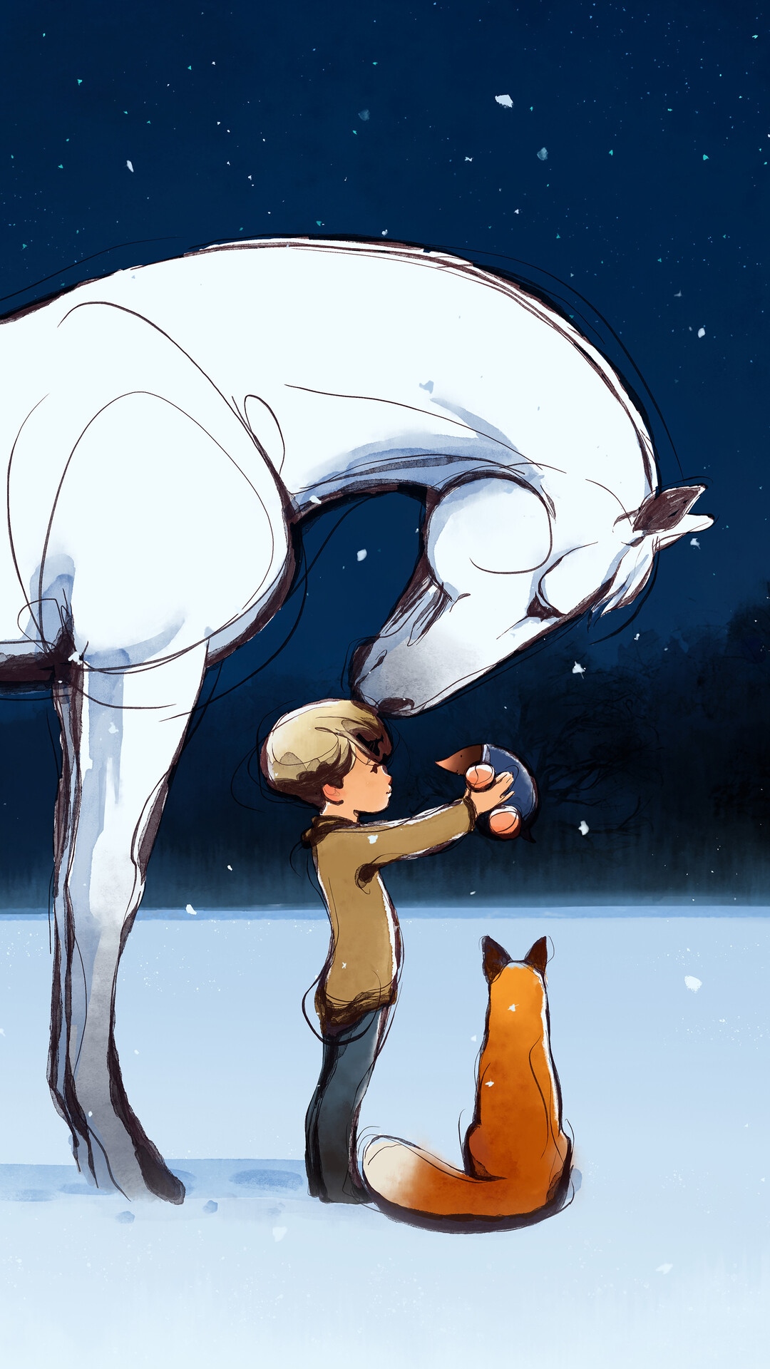 The Boy, the Horse, and the Fox in the Snow HD Phone Wallpaper