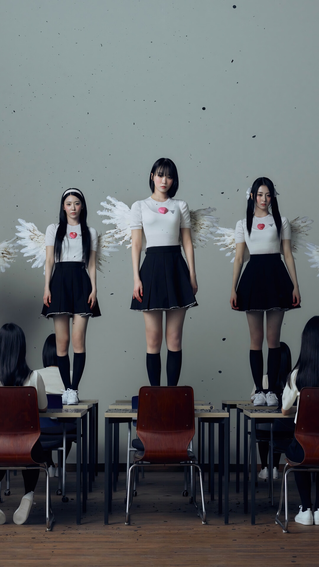 LE SSERAFIM members standing on desks with wings HD Phone Wallpaper