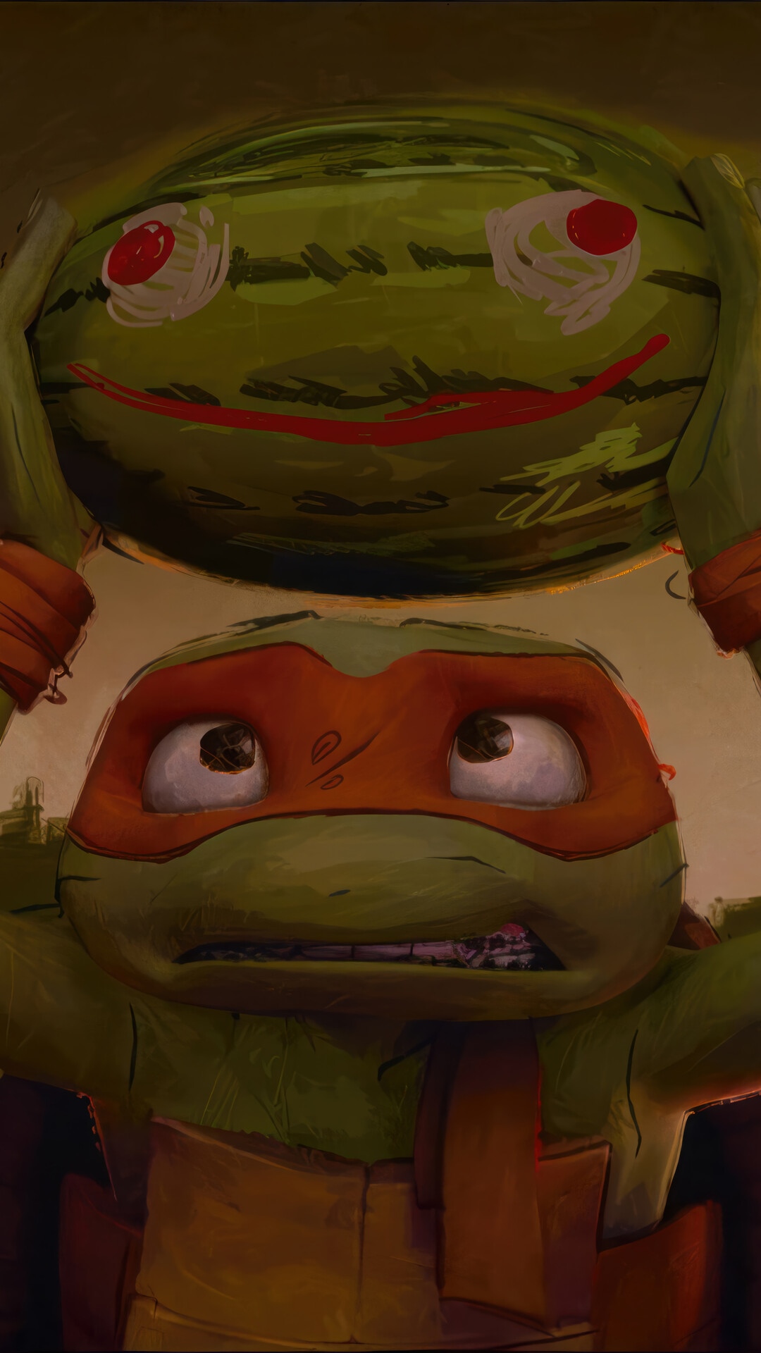 Michelangelo holding a watermelon with a face HD Phone Wallpaper