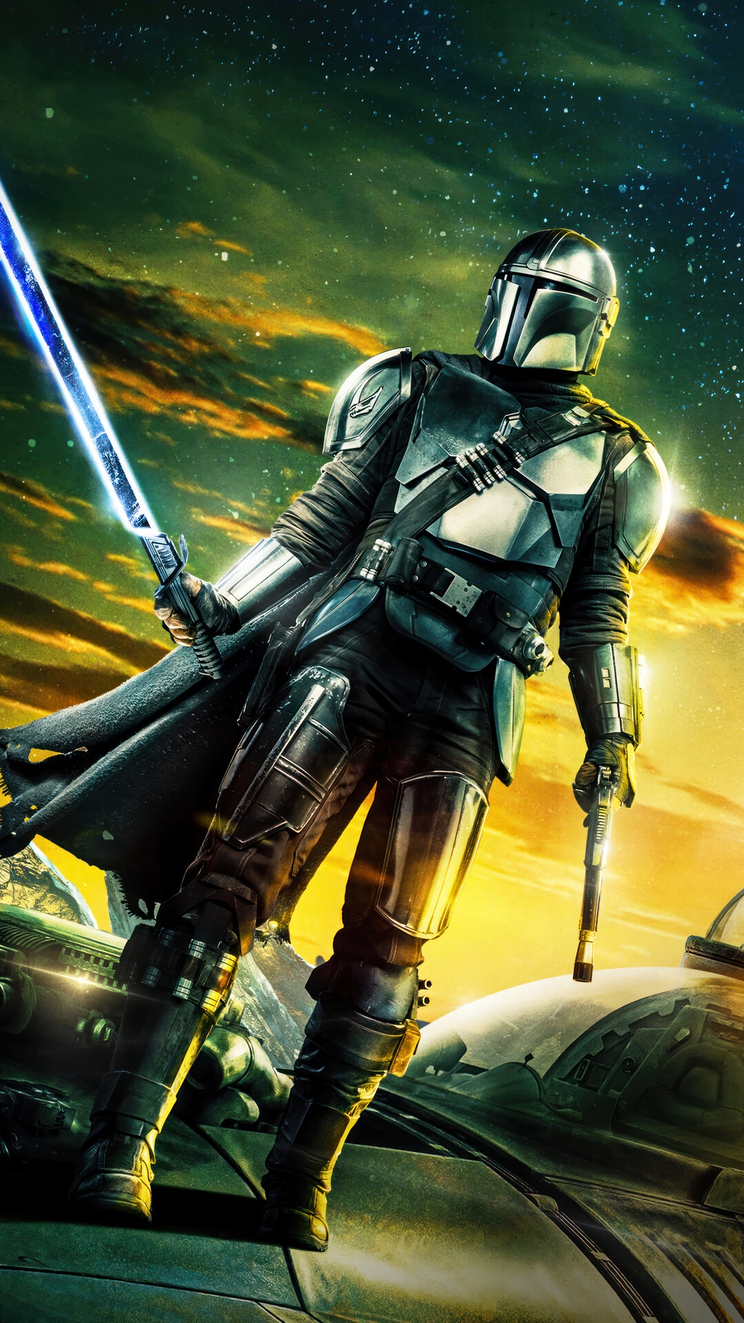 The Mandalorian with Darksaber and Blaster HD Phone Wallpaper