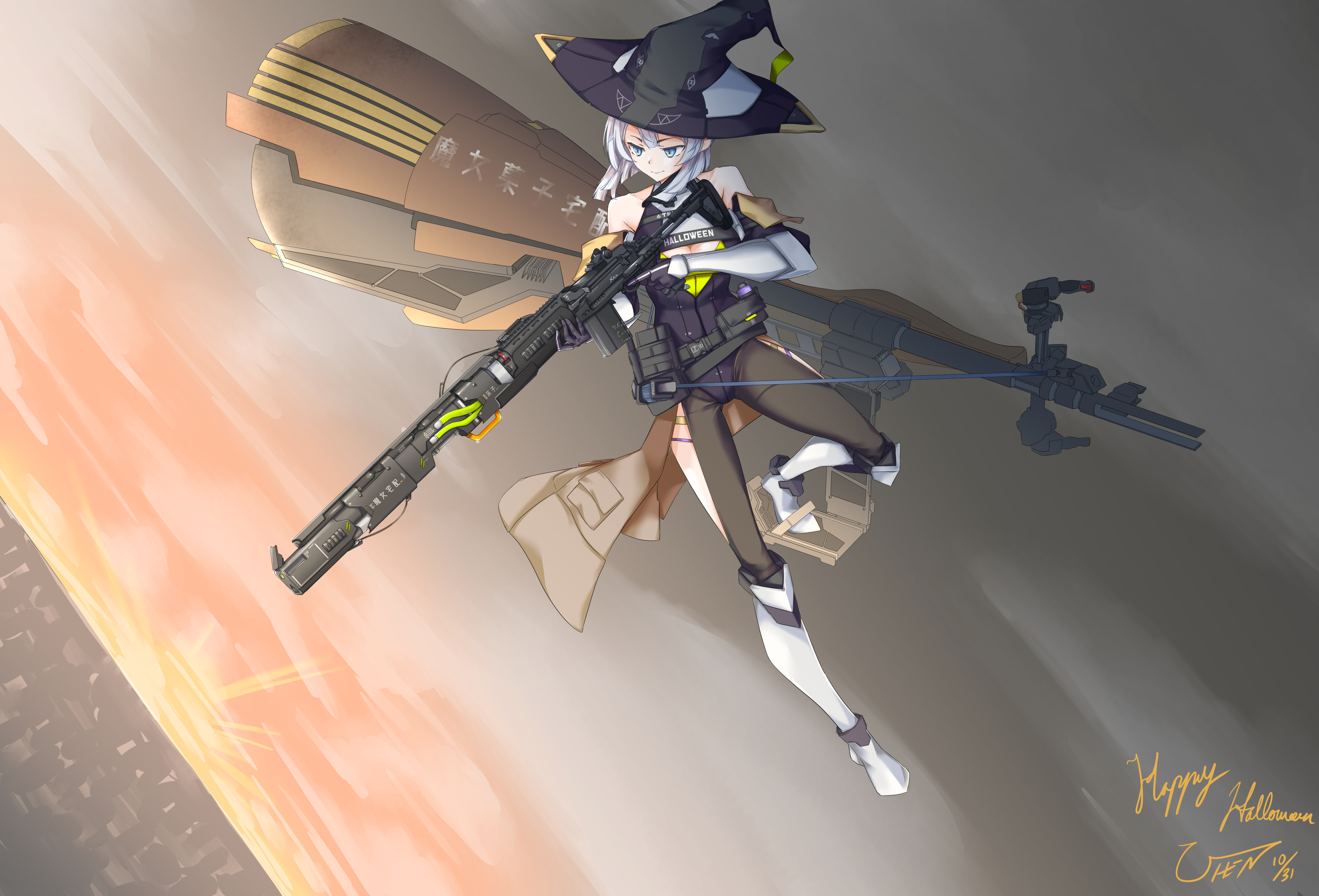 Girl with a witch hat and rifle HD Wallpaper
