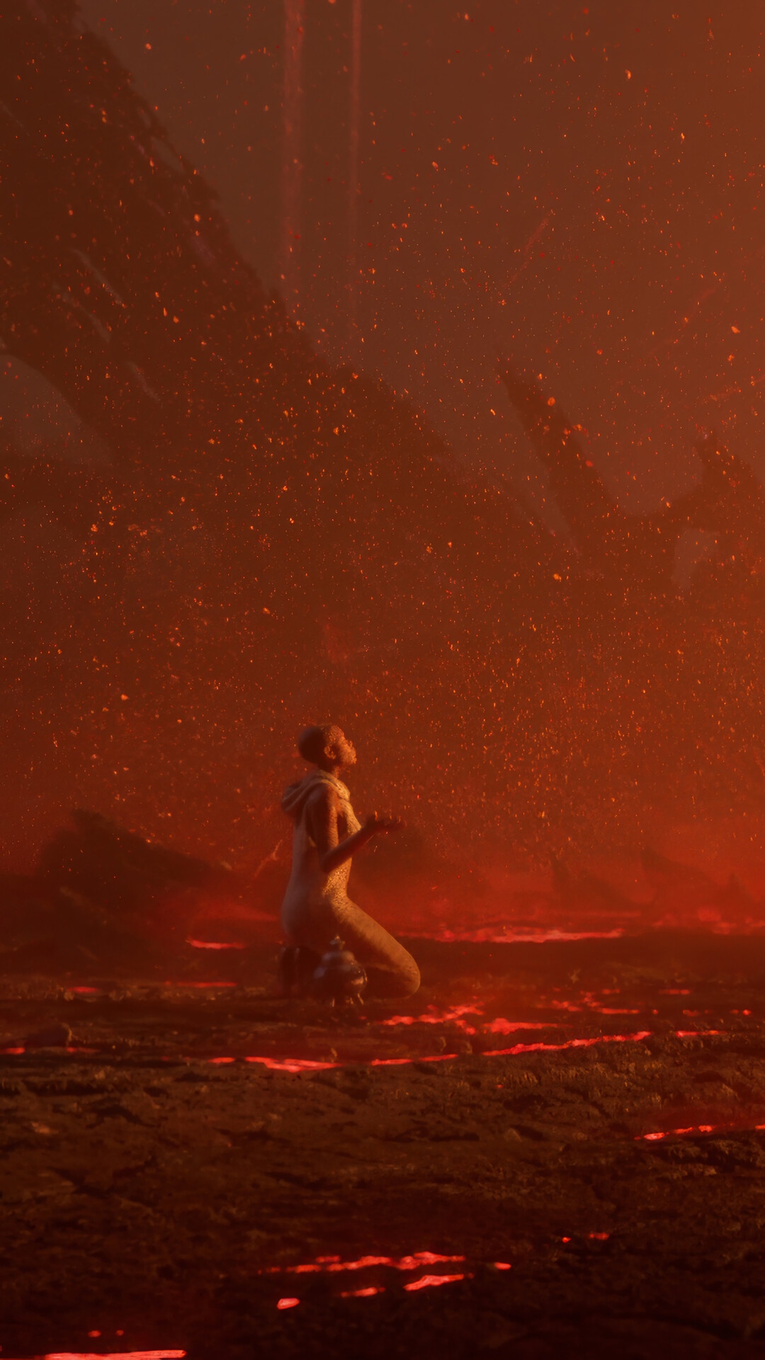 Diablo IV Hellscape with a kneeling figure HD Phone Wallpaper