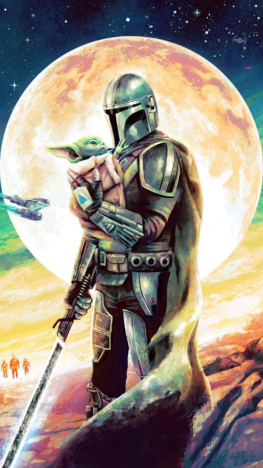 The Mandalorian and Grogu with a large moon HD Phone Wallpaper