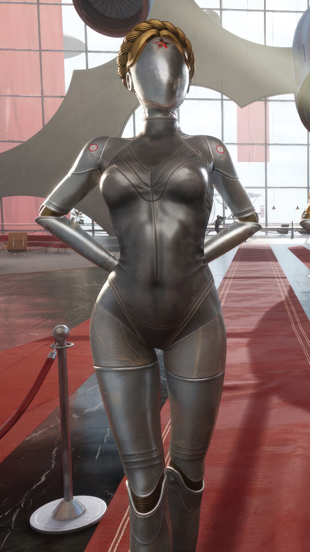 Atomic Heart Female Robot with Red Star Emblem HD Phone Wallpaper
